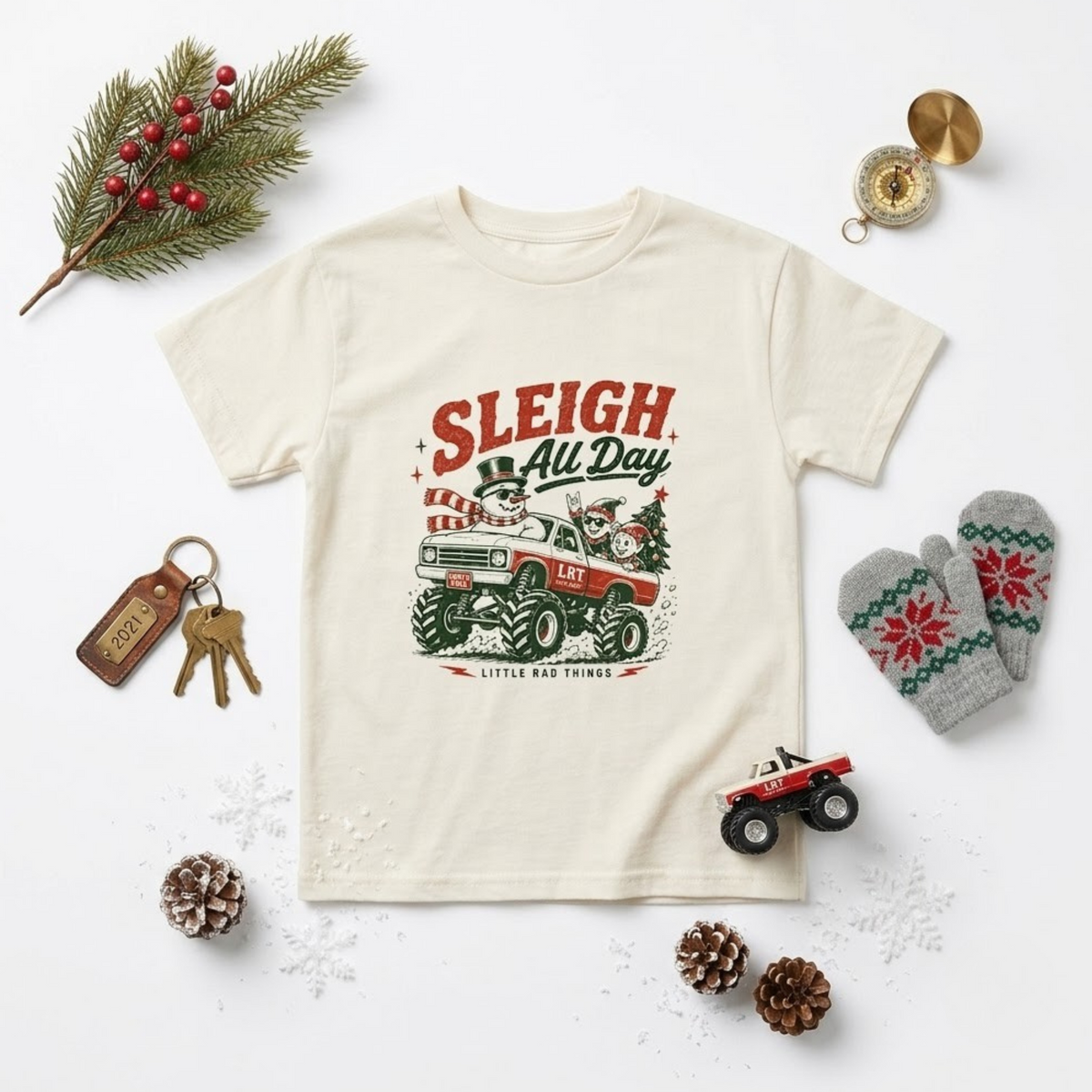 Sleigh All Day Christmas Monster Truck Toddler Tee – Beige